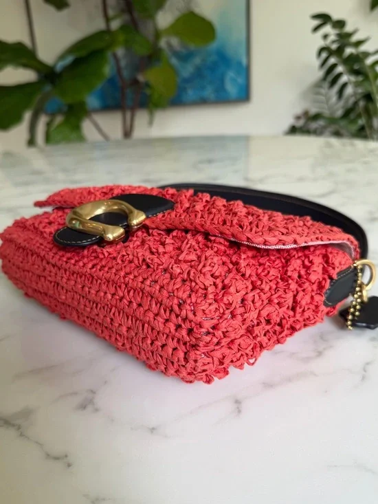 Coach Straw Soft Tabby Shoulder Crossbody Bag Red Orange Black Brass Woven CA032 - Picture 8 of 16
